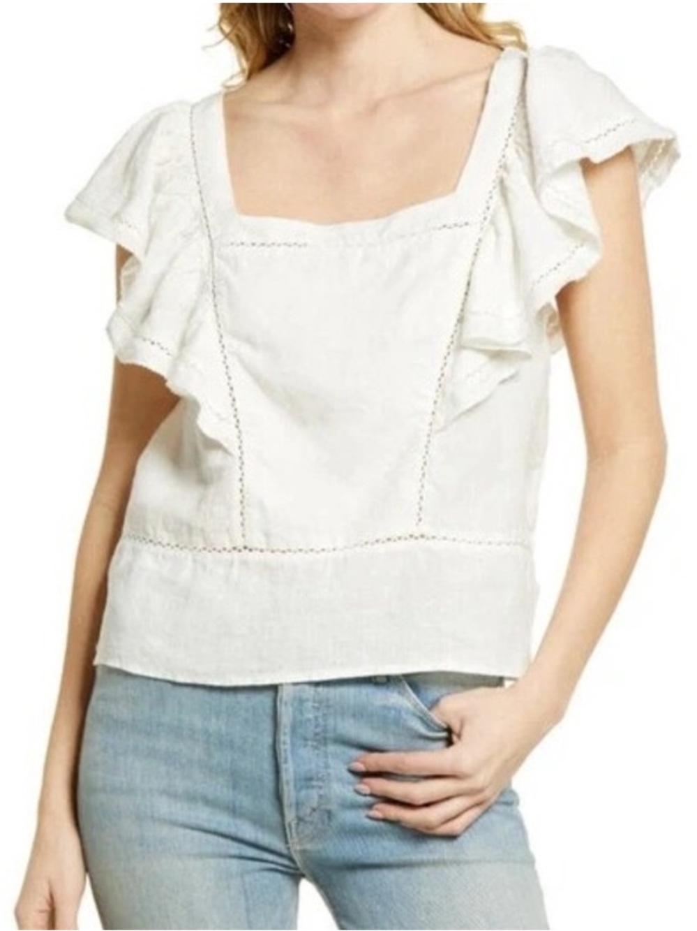 🌻Faherty Mariposa Ruffle Boho Linen Top in White Size XS/Small